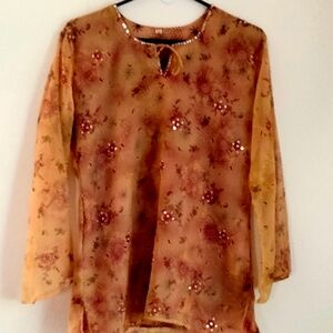 Blouse Women Medium Gold and Wine Floral Sheer Office Church Academia Elegant